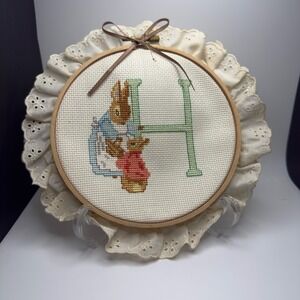 Vintage Peter Rabbit Monogram H Cross Stitch Embroidery Hoop Eyelet Lace Decor